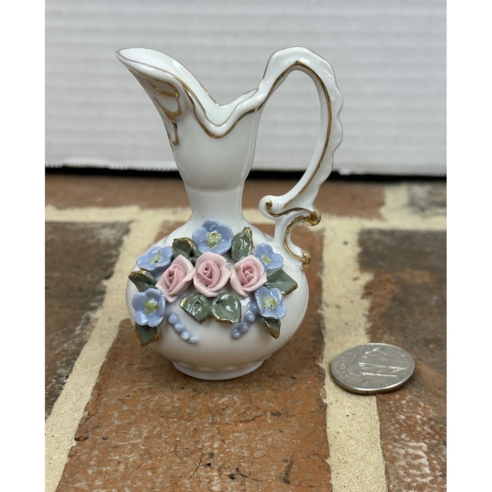 Vintage 90s White Porcelain Mini Pitcher Vase Pink Blue Flowers Gold Trim Marked